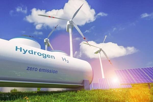 Výroba vodíkové energie z obnovitelných zdrojů - vodíkový plyn pro čistá elektrická solární a větrná turbína. 3D vykreslování. — Stock obrázek
