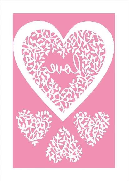 a paper cut out of a heart with the word love written in white on a pink background