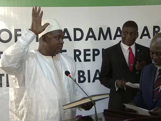 Adama Barrow is sworn in as President of Gambia at the embassy in Dakar Senegal in this image taken from TV  Thursday, 19 January 2017