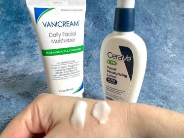 Vanicream Daily Facial Moisturizer and CeraVe PM Facial Moisturizing Lotion bottle and sampled on hand.