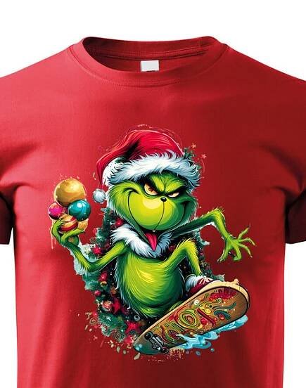 Dětské triko Grinch na skateboardu - skvělé vánoční triko