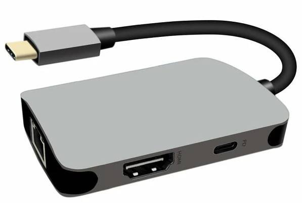 Převodník USB-C na HDMI + RJ45 + PD adaptér, hliníkové pouzdro