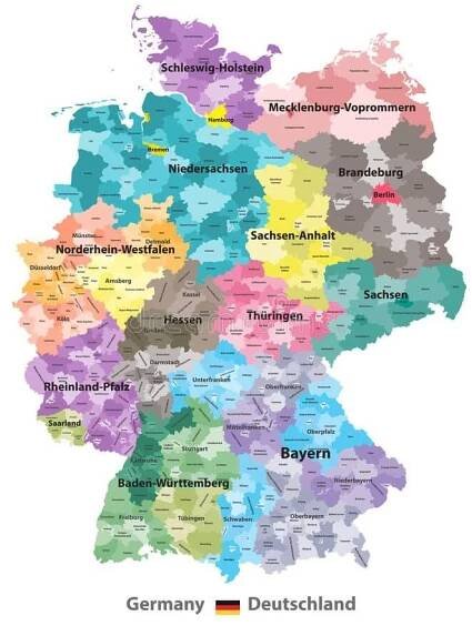 Mapa Německo (barevné státy a správních okresů) s hodnotou dílku — Ilustrace