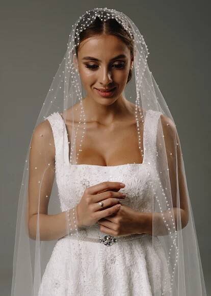 Veil with pearls, 2020, accessories, veil, bridal, off-white, tulle, Sandra, embroidery