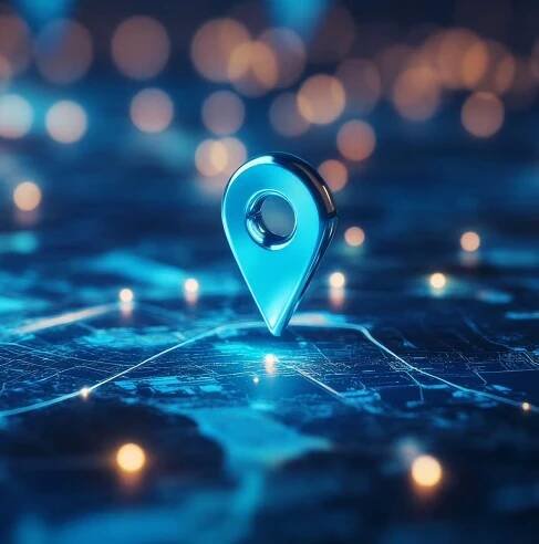 a pin on a futuristic looking map