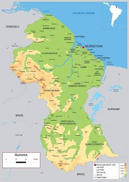 Large detailed physical map of Guyana with roads, cities and airports ...