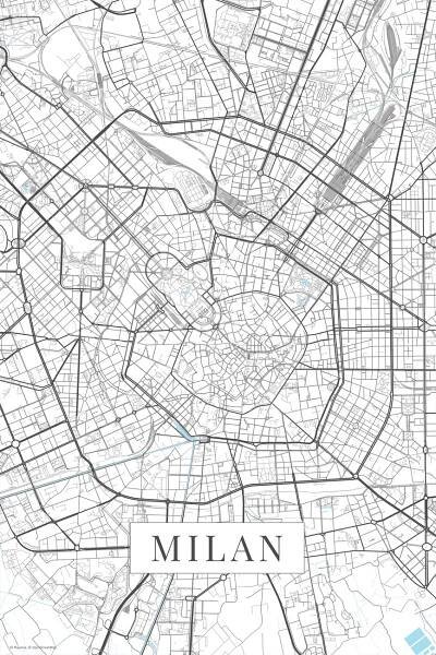 Mapa Milan white, POSTERS ǀ Mapy všech měst a států na zeď ǀ Posters.cz 
