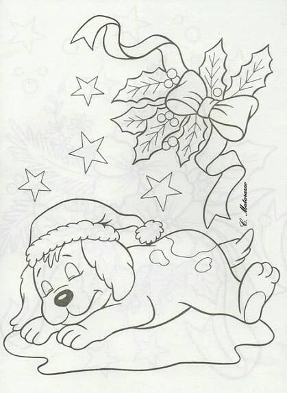 a drawing of a dog laying down with christmas decorations on it's head and nose