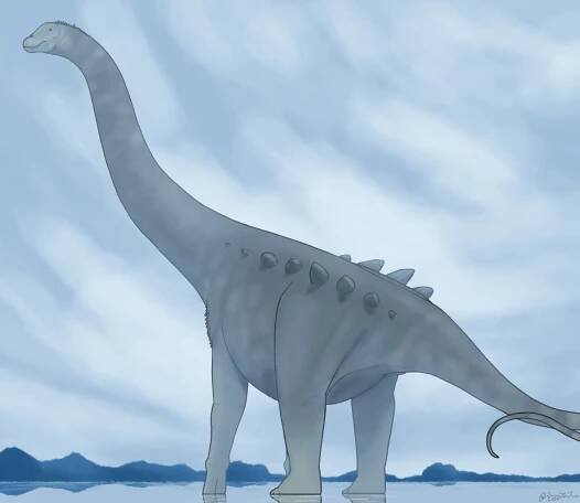 during an overcast day, a very lost Argentinosaurus has found itself in the middle of a salt flat after a rainstorm