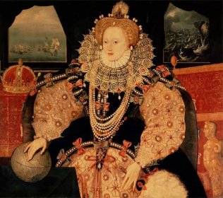 Image of Elizabeth I, with her hand on the globe and two scenes of the Armada behind her.