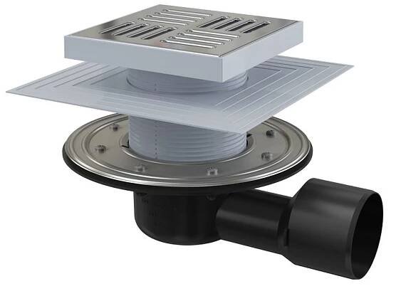 Alcadrain Podlahová vpusť 150×150/50/75 mm boční, mřížka nerez APV3444