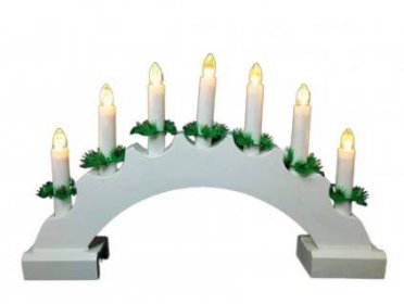 Vánoční dřevěný svícen ve tvaru oblouku, bílá, 7 svíček, teplá bílá, na baterie