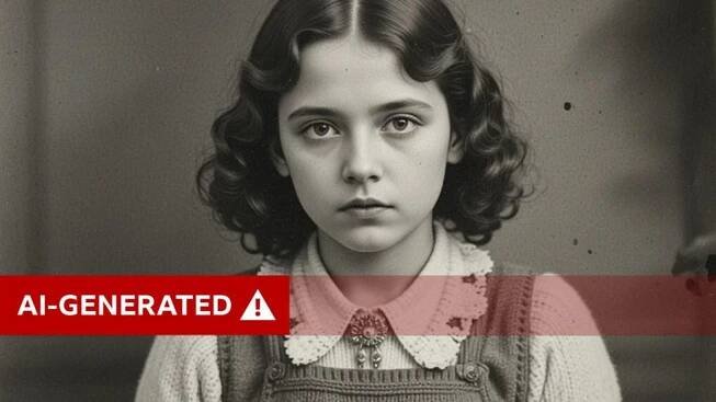 An AI generated black and white image of a young girl with shoulderlength hair, wearing a knitted jumper with a collar and an apron. She is looking directly into the camera while knitting. 