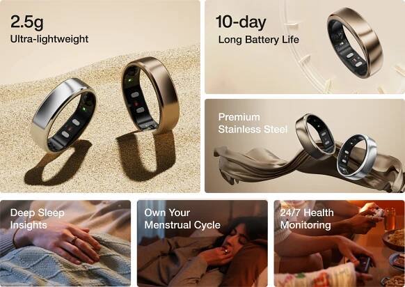 Smart ring, ultra-lightweight design with 10-day battery life, health monitoring, stainless steel, silver and gold color