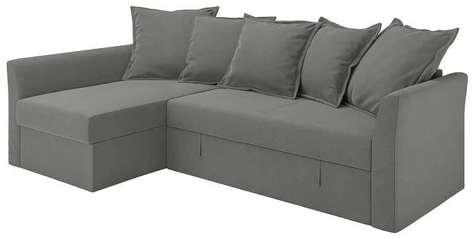 Šedá rozkládací pohovka ve tvaru L s úložným prostorem, měkký materiál, moderní design.