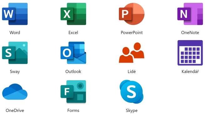 Seznam aplikací dostupných v online prostředí Microsoft Office