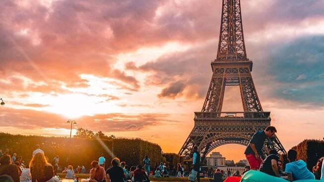 The eiffel tower at sunset.