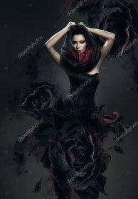 Mysterious woman in dark hood and rose dress