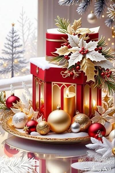 a christmas card with a candle and ornaments on the table next to a red box