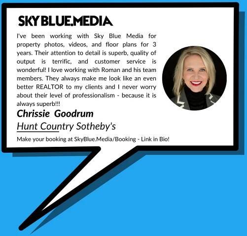 Speech bubble with written testimonial for Sky Blue Media services from Realtor Chrissie Goodrum with Hunt Country Sotheby's