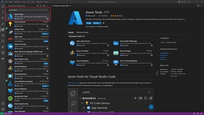 Snímek obrazovky editoru Visual Studio Code s panelem rozšíření, který hledá balíček rozšíření Azure Tools