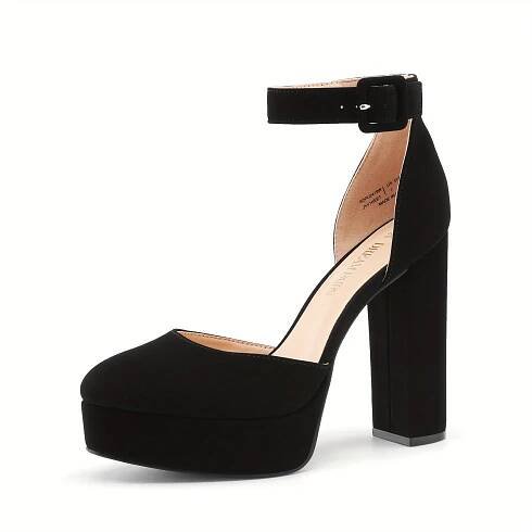 Elegant Women's Black Platform High Heels - *ortable Ankle Strap, Closed Round Toe, Chunky * for Wedding & Party, Durable PU Cover, *