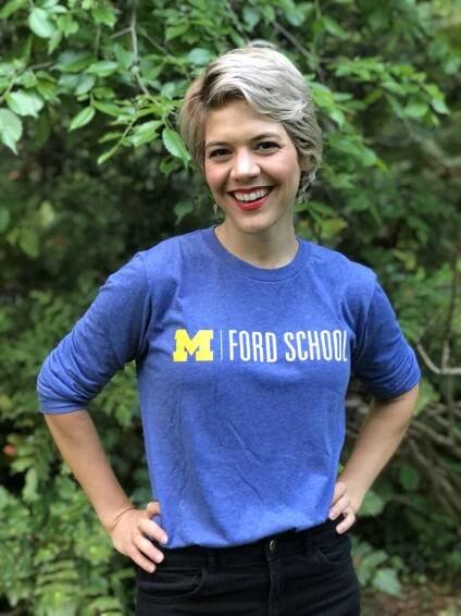 Portrait of Caroline wearing a University of Michigan Ford School shirt
