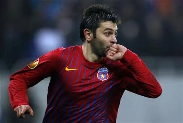 Rusescu of Steaua Bucharest celebrates his penalty goal against AEK Larnaca during their Europa League Group J soccer match in Bucharest
