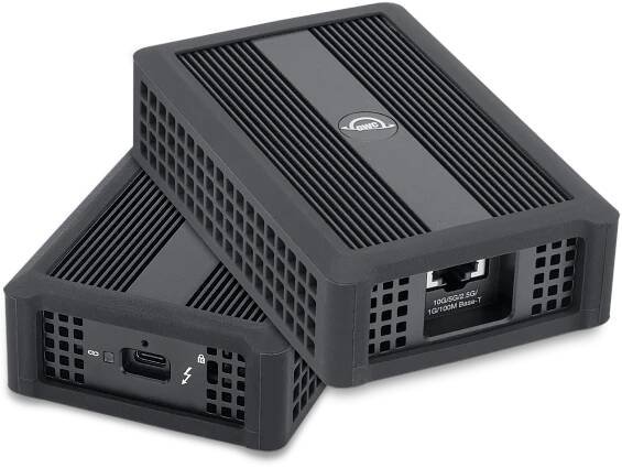 Two OWC Thunderbolt 4 10G Ethernet Adapters stacked showing the front and back ports