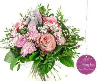 Medvěd v růžích Květiny online - květinářství Praha Pankrác - netradiční kytice, dárky pro muže, dárkové koše, ovocné kytice