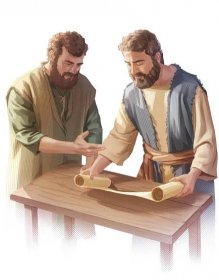 Dva křesťané v prvním století zkoumají svitek s částí Bible a pátrají po pravdě