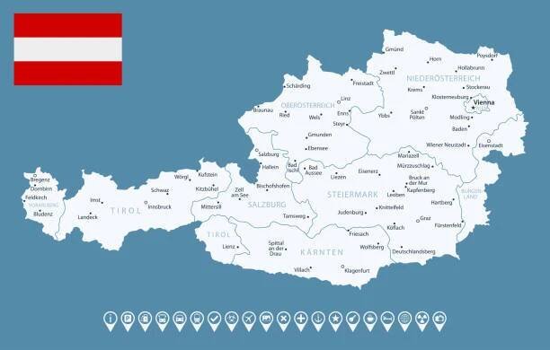 rakousko - podrobná mapa země s městy a regiony. ikony infografiky. - linec stock ilustrace