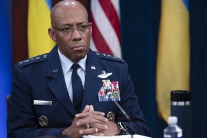 Chairman of the Joint Chiefs of Staff Air Force Gen. CQ Brown, participates in a virtual Ukraine Defense Contact Group (UDCG) meeting, Wednesday, Nov. 22, 2023, at the Pentagon in Washington. (AP Photo/Cliff Owen)