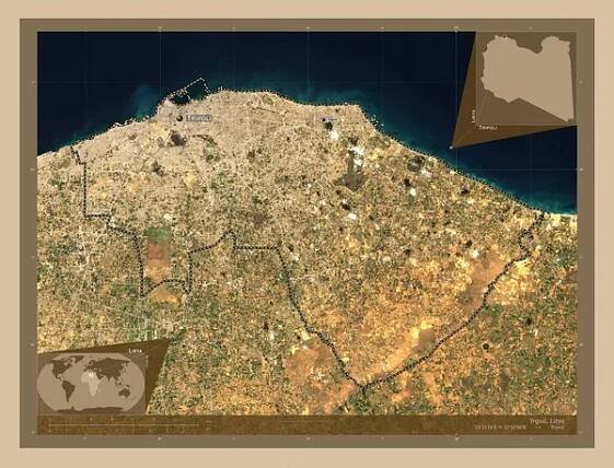 Tripolis, okres Libye. Satelitní mapa s nízkým rozlišením. Umístění a názvy velkých měst v regionu. Pomocné mapy polohy rohu — Stock obrázek