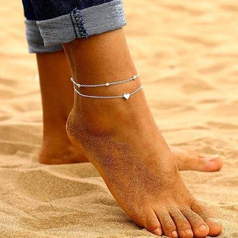 Summer Beach Zlatý kulatý řetízek na nohy Jednoduchý temperament Kotník ve tvaru srdce Vícevrstvý tenký řetízek Žena
