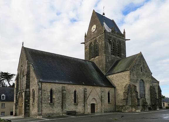 Sainte Mere Eglise Church and U.S. Paratrooper John Steele Memorial, Normandy, France