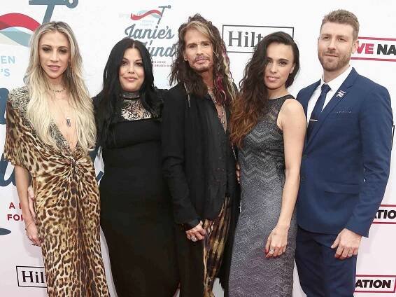Aimee Preston, Mia Tyler, Steven Tyler, Chelsea Tyler and Jon Foster attend Steven Tyler's Second Annual GRAMMY Awards Viewing Party to benefit Janie's Fund presented by Live Nation at Raleigh Studios on February 10, 2019 in Los Angeles, California