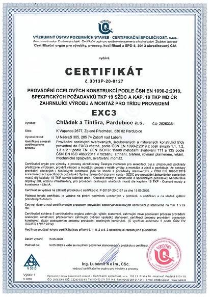 Certifikát EXC 3 2020 1