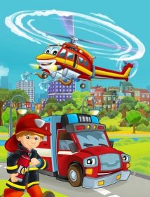 Kreslená scéna s hasičským vozem na silnici a hasičem - ilustrace pro děti — Stock obrázek