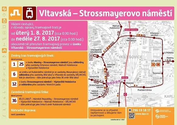 Výluka tramvají mezi Vltavskou a Strossmayerovým náměstím (1.-27.8.2017)