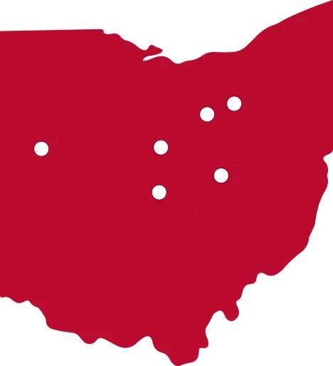A red map of Ohio with indicators for Ohio State’s Lima, Columbus, Newark, Marion, Mansfield and Wooster campuses.