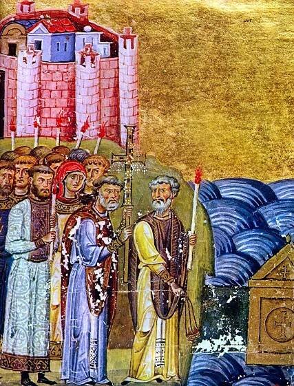 Konstantin a Metoděj nacházejí na Chersonésu ostatky sv. Klimenta – iluminace z Menologia císaře Basila II. (11. stol.).