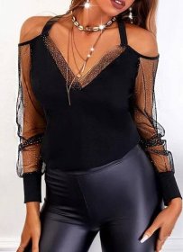 Cold Shoulder Rhinestone Lace Sleeve Top Balck
