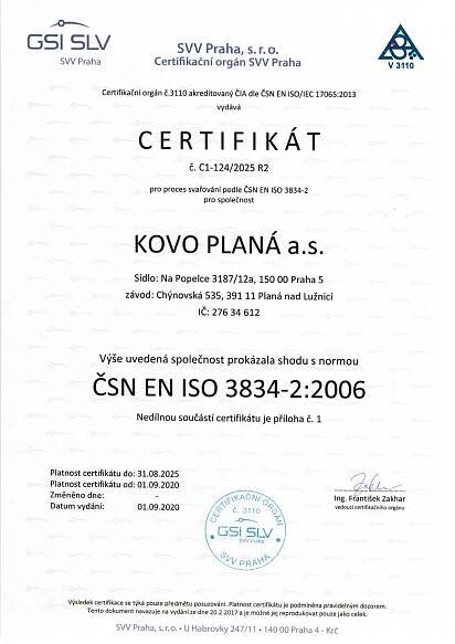 Certifikáty – KOVO PLANÁ a.s.