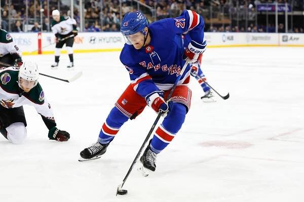 Adam Fox #23 of the New York Rangers skates during the second period of the game against the Arizona Coyotes on November 13, 2022 at Madison Square Garden.