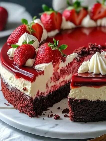 a red velvet cake with white frosting and fresh strawberries on the top slice