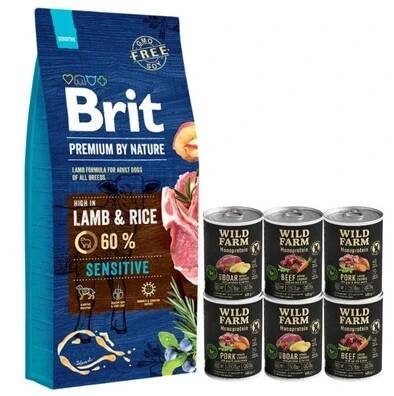 BRIT Premium By Nature Sensitive Lamb 15kg & WILD FARM Monoprotein Mix chutí 6x400g hypoalergenní krmivo pro psy