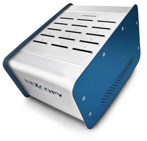 A sleek silver and blue electronic device, angled forward, features multiple slots on its surface. Its sides display a perforated design in blue, while the metallic silver main body is marked with text—ideal for those needing efficient flash drive duplication.