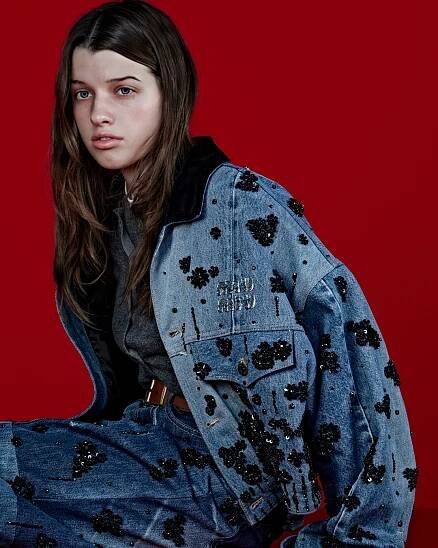 Miu Miu's 2024 Upcycled collection, including jackets, bras & accessories made of vintage denim