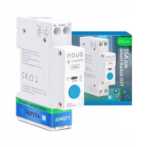 Nous D3T DIN WiFi spínač/relé 1CH 25A, měření spotřeby, Tasmota (ESP32) - podpora Matter
